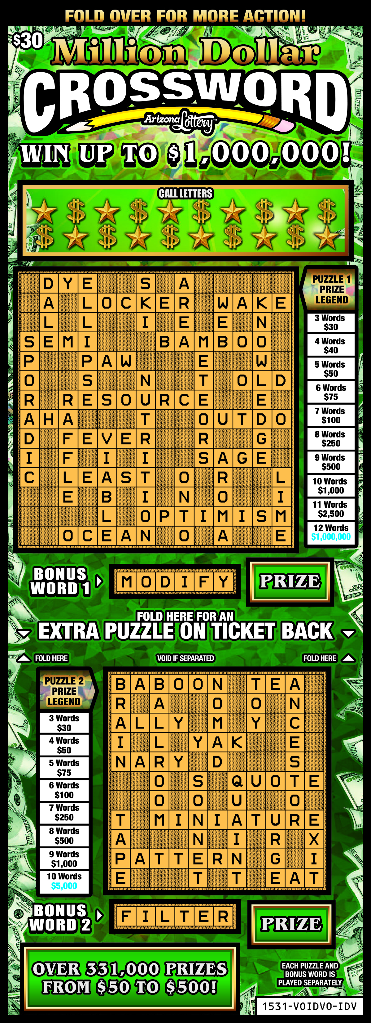 MILLION DOLLAR CROSSWORD scratch-off ticket
