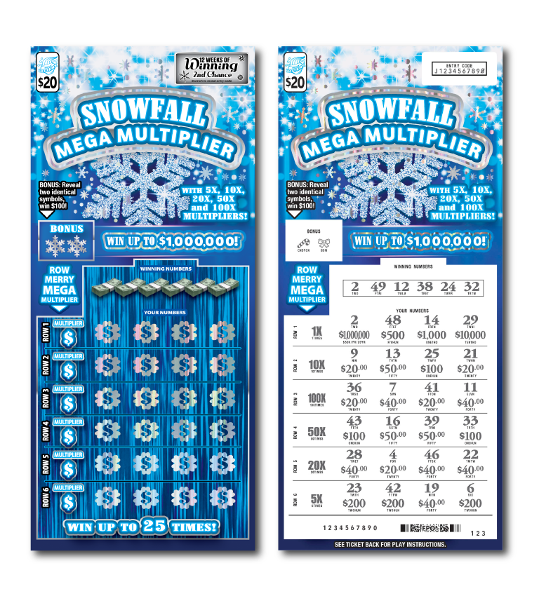 SNOWFALL MEGA MULTIPLIER scratch-off ticket